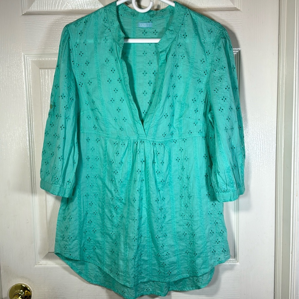 OVS Women’s Mint Eyelet 3/4 Sleeves Baby Doll Deep V Blouse Size Large